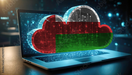 An image of a laptop with a cloud icon featuring the Oman flag, symbolizing the significance of cloud services in the Oman technology sector