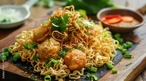 Golden egg noodles and tender chicken slices are topped with savory bakso meatballs. Generative Ai photo