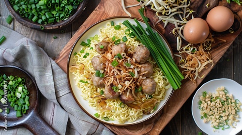 Golden egg noodles and tender chicken slices are topped with savory bakso meatballs. Generative Ai photo