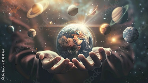A sphere of earth floating in hands, many planets around it, universe background photo