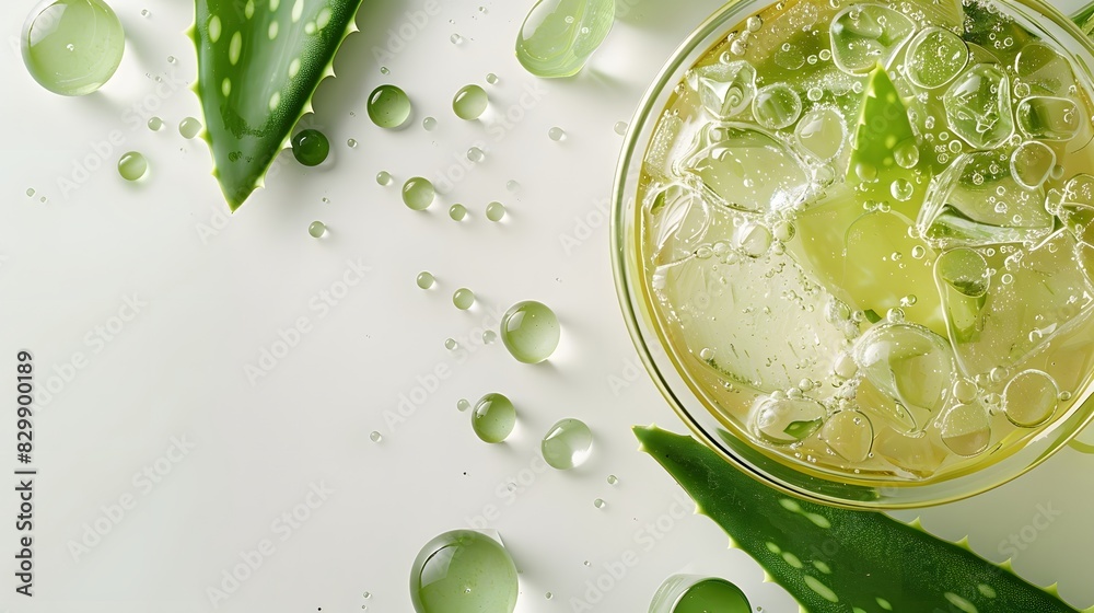 Obraz premium A natural and organic background with a transparent bowl of clear, flowing gel or juice made from fresh aloe vera leaves on the right side, surrounded by small bubbles and droplets for an elegant pres
