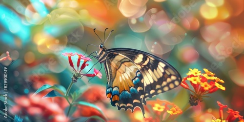 A beautiful butterfly with yellow, black, and blue wings is perched on a flower
