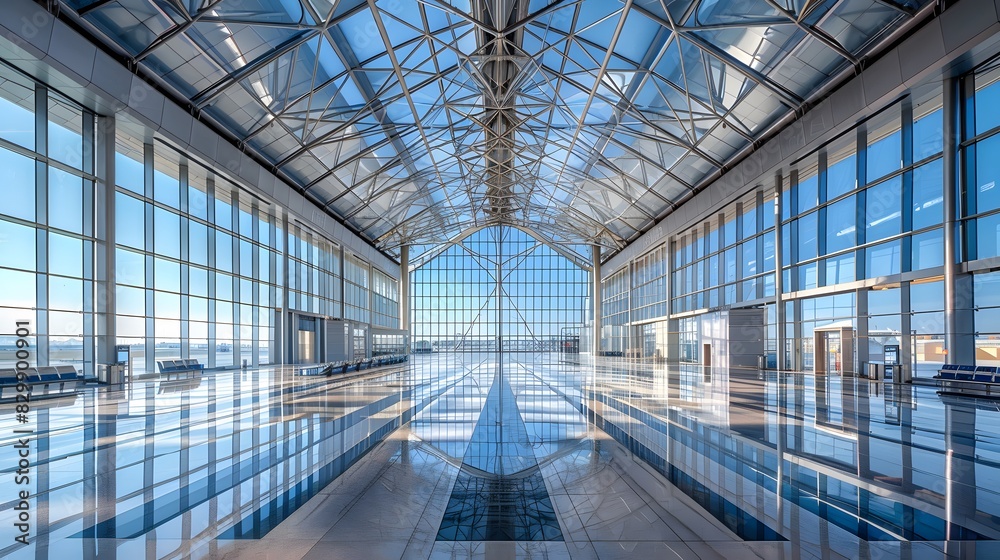 A panoramic view of the ceiling inside an airport, featuring symmetrical geometric shapes and metal frame structures that create reflections on polished floor tiles.