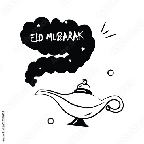Eid mubarak greeting with aladdin lamp, doodle icon of aladdin lamp