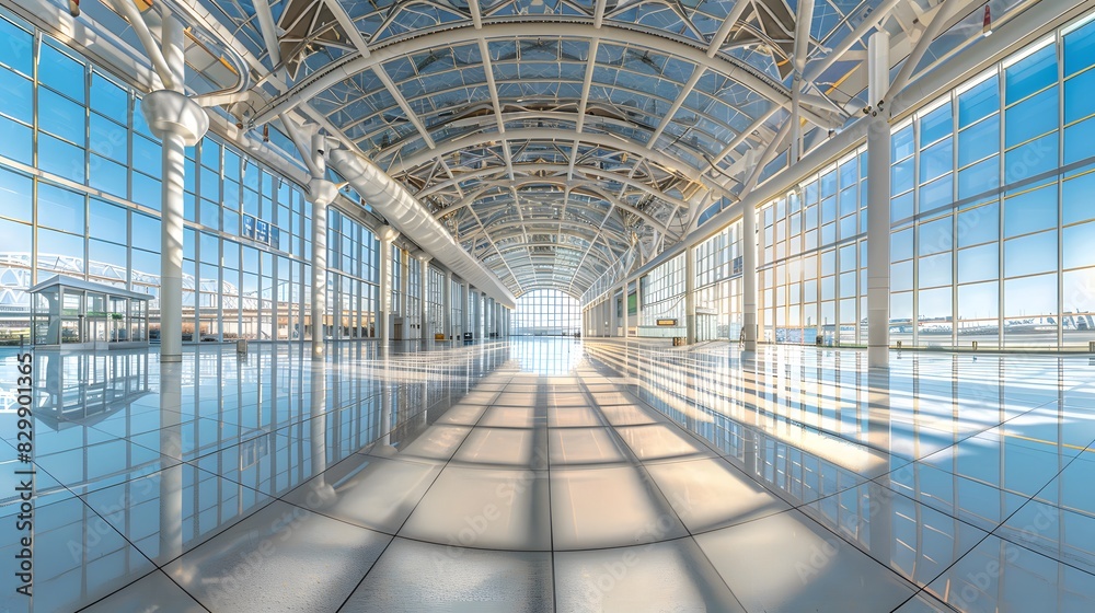 A panoramic view of the ceiling inside an airport, featuring symmetrical geometric shapes and metal frame structures that create reflections on polished floor tiles. A panoramic view of the ceiling inside an airport, featuring symmetrical geometric shapes and metal frame structures that create reflections on polished floor tiles.