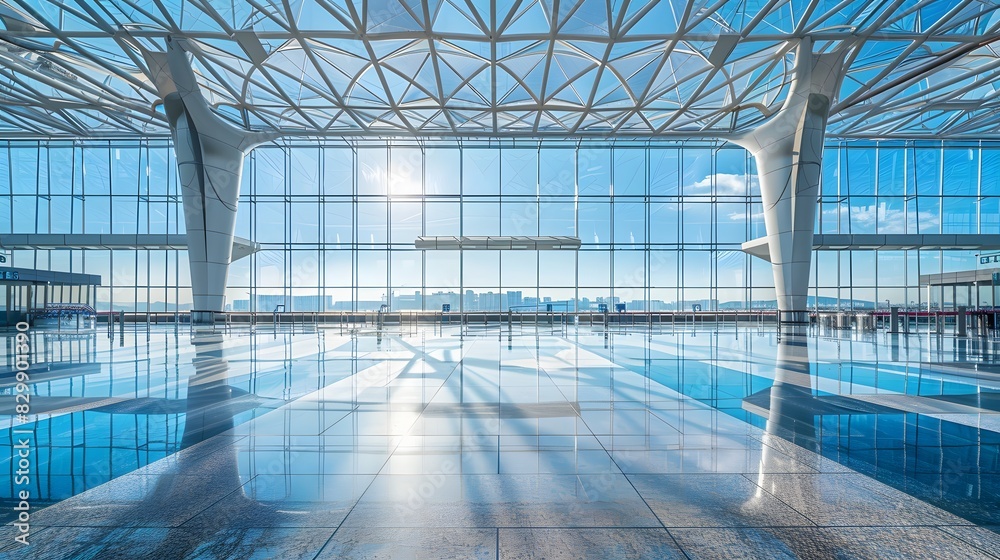 A panoramic view of the ceiling inside an airport, featuring symmetrical geometric shapes and metal frame structures that create reflections on polished floor tiles. A panoramic view of the ceiling inside an airport, featuring symmetrical geometric shapes and metal frame structures that create reflections on polished floor tiles.
