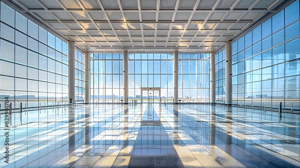 A panoramic view of the ceiling inside an airport, featuring symmetrical geometric shapes and metal frame structures that create reflections on polished floor tiles. A panoramic view of the ceiling inside an airport, featuring symmetrical geometric shapes and metal frame structures that create reflections on polished floor tiles.