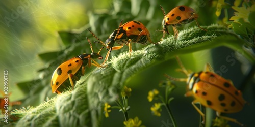 A group of orange ladybugs on a green leaf, eating aphids. photo