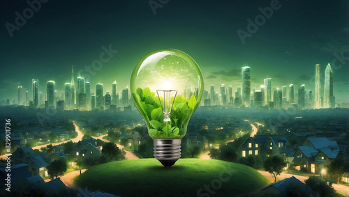 World environment day a green light bulb with a green eco city in the middle