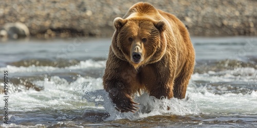 A large brown bear charges through the water in a river. photo