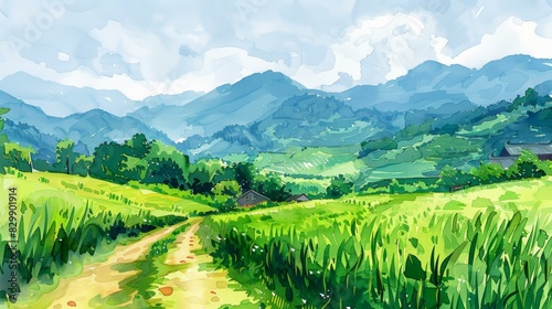 Watercolor Landscape Painting of a Country Path towards Mountains