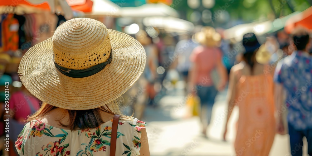 A woman in a straw hat is walking through a crowded market.