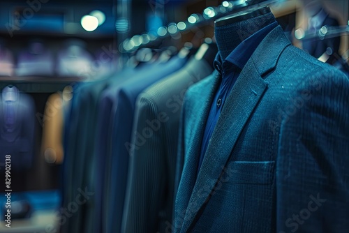 Dark navy blue suit and tie hanging on a rack in a tailoring room. Luxury banner for an expensive mens clothing and office suits store. Generative AI