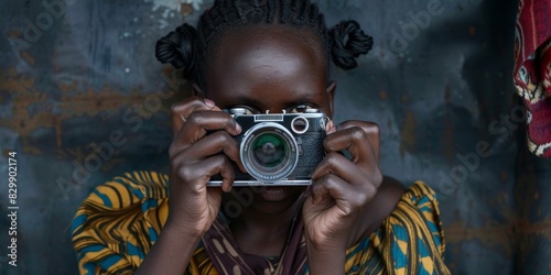 A young African girl holds a camera to her eye.