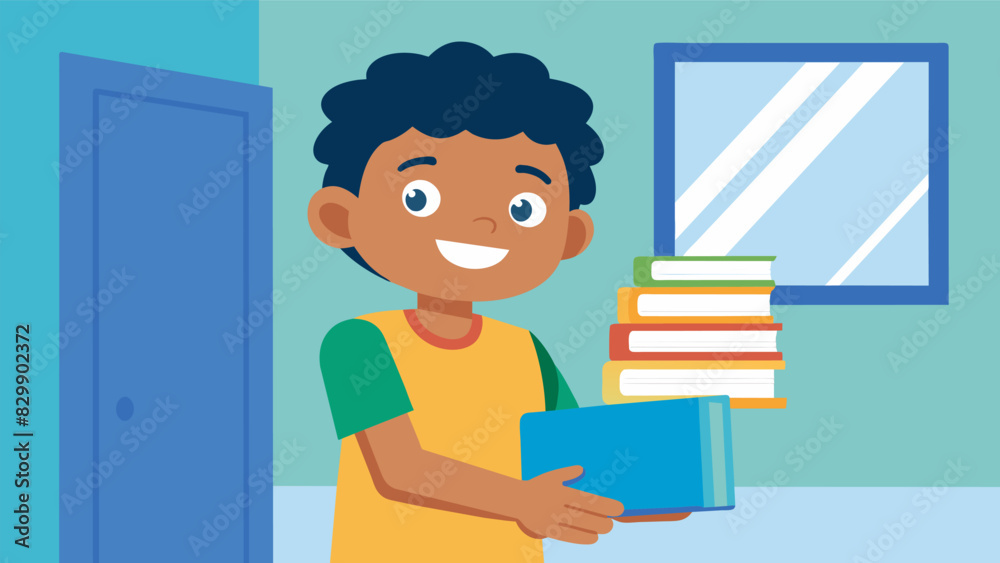 In the corner of the room a child beams with pride as they organize a stack of fresh untouched workbooks.. Vector illustration In the corner of the room a child beams with pride as they organize a stack of fresh untouched workbooks.. Vector illustration