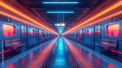 An empty, futuristic subway station illuminated with intense red neon lights and symmetry