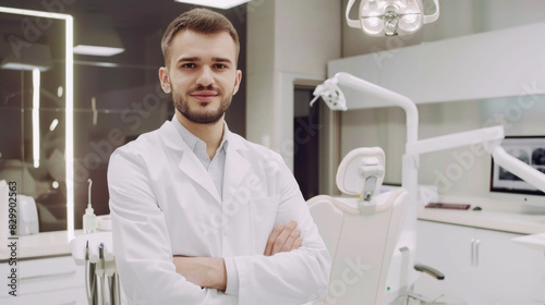 Portrait of smiling male dentist looking at camera in dental clinic