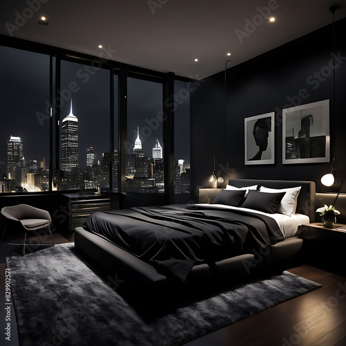 dark modern luxury apartment bedroom city highrise hotel