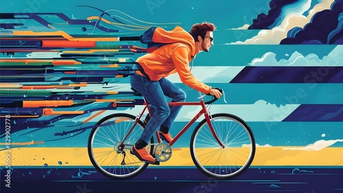 young man riding a bicycle with a colorful energy, digital art style, illustration painting.