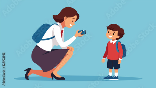 A mother squats down to get the perfect shot of her high schooler who stands confidently in their new school uniform ready to take on a new year.. Vector illustration