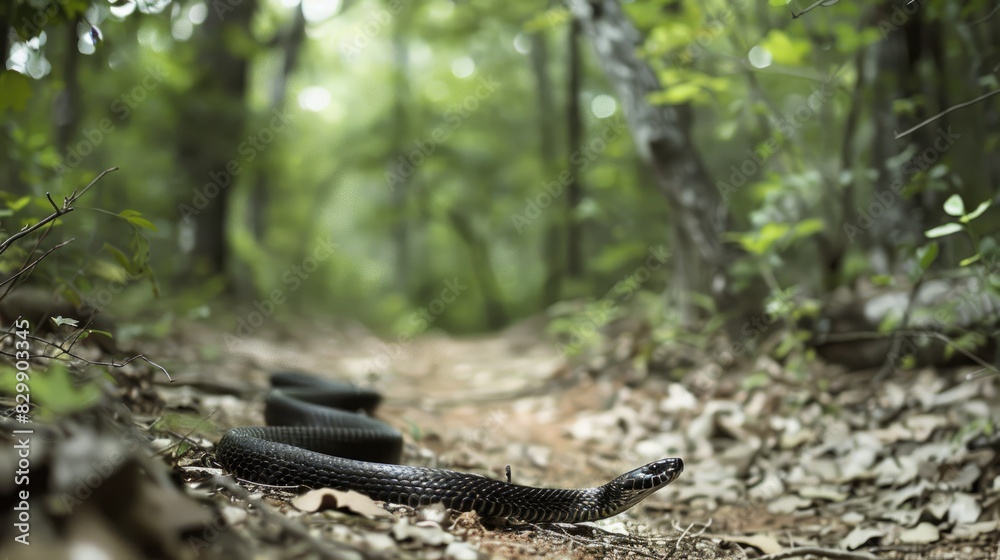 A black snake was seen moving across the hiking trail