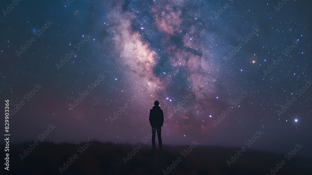 Person, standing, stars, gazing, Milky Way, awe, wonder, vast, open space, infinity, soft, glow, starlight, face, surreal, cosmic, landscape, dreamy, atmosphere, night, sky, vastness, looking, admirat