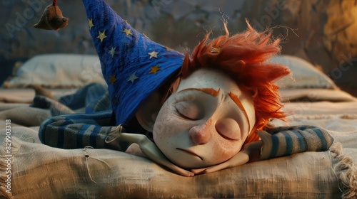 Sandman sleeps on bed. Red-haired boy with blue nightcap and stars. Generative AI