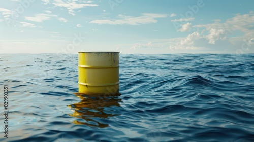 Yellow barrel floats on waves. Concept of danger biological, chemical or radioactive pollution of world's oceans. Generative AI