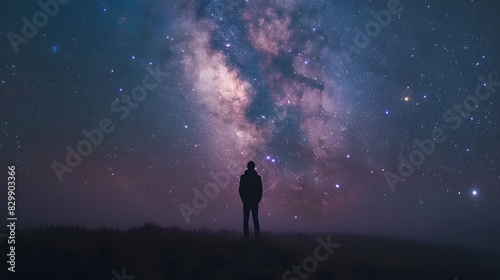 Person  standing  stars  gazing  Milky Way  awe  wonder  vast  open space  infinity  soft  glow  starlight  face  surreal  cosmic  landscape  dreamy  atmosphere  night  sky  vastness  looking  admirat