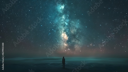 Person, standing, stars, gazing, Milky Way, awe, wonder, vast, open space, infinity, soft, glow, starlight, face, surreal, cosmic, landscape, dreamy, atmosphere, night, sky, vastness, looking, admirat