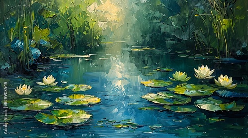 An impressionist painting of a pond, Claude Monet style, abstract water lilies, reflective waters, vibrant and blended colors, soft brushstrokes, tranquil and serene photo