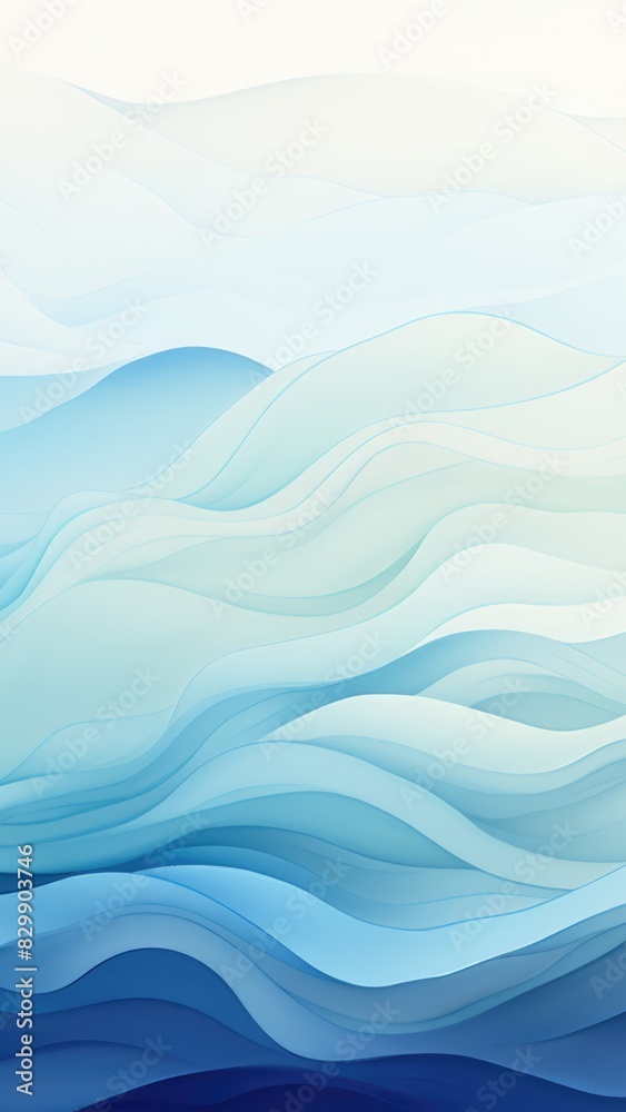 Abstract background of flowing curves and soft gradients captures essence of tranquil seascape. Waves of azure and blue blend harmoniously, evoking serene dance of oceanic currents. Vertical format