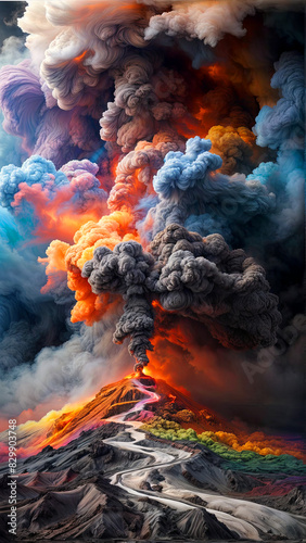 A large volcano billows smoke and ash into the sky in a powerful eruption photo