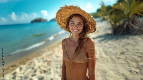 A cheerful young woman in a straw hat and bikini smiles on a sunny tropical beach, palm trees and ocean in the background © AS Photo Family