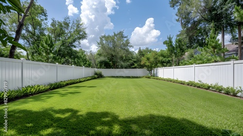 Wallpaper Mural A photo shows a white vinyl fence around a backyard with green grass, trees and a blue sky. Torontodigital.ca