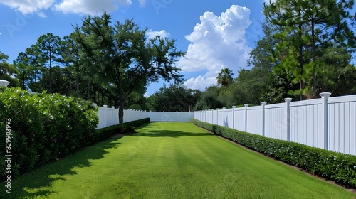 A photo shows a white vinyl fence around a backyard with green grass, trees and a blue sky.