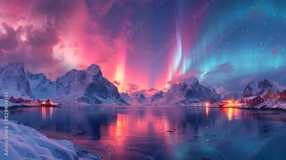 Stunning panoramic landscape featuring the aurora borealis over snow-covered mountains, beside a calm reflective lake