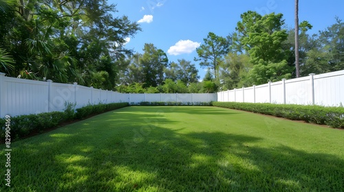 A photo shows a white vinyl fence around a backyard with green grass, trees and a blue sky.