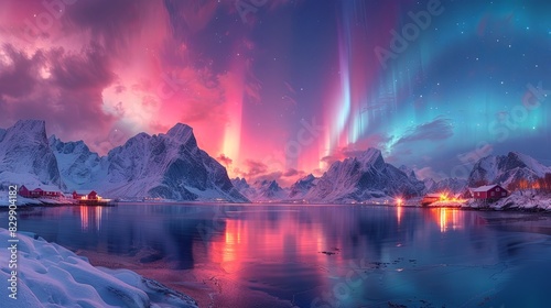 Stunning panoramic landscape featuring the aurora borealis over snow-covered mountains, beside a calm reflective lake