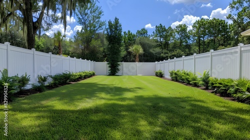 Wallpaper Mural A photo shows a white vinyl fence around a backyard with green grass, trees and a blue sky. Torontodigital.ca