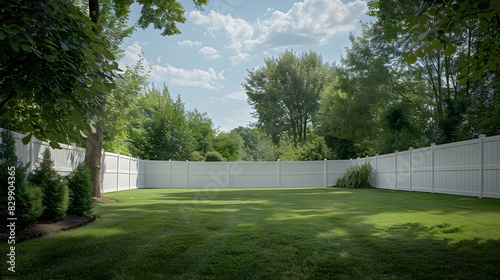Wallpaper Mural A photo shows a white vinyl fence around a backyard with green grass, trees and a blue sky. Torontodigital.ca
