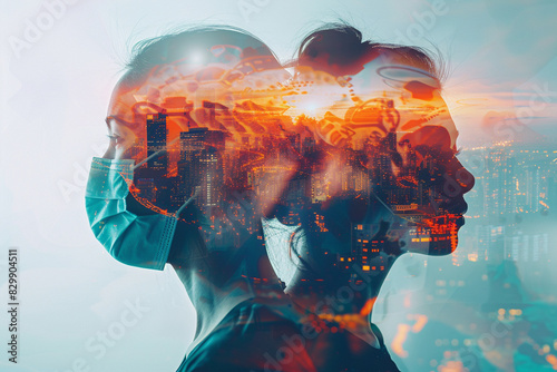 Double exposure of a masked person and urban cityscape, symbolizing resilience during the COVID-19 pandemic and urban life's challenges. photo