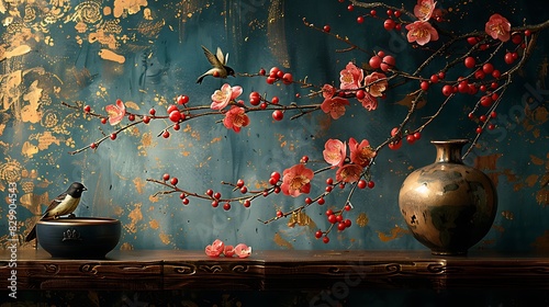 An opulent Chinoiserie wallpaper design, featuring oversized stylized florals and birds, bold colors, intricate details, gold accents, rich and elegant patterns, traditional Asian motifs, deep blues.