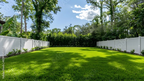 A photo shows a white vinyl fence around a backyard with green grass, trees and a blue sky.