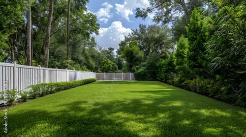 Wallpaper Mural A photo shows a white vinyl fence around a backyard with green grass, trees and a blue sky. Torontodigital.ca