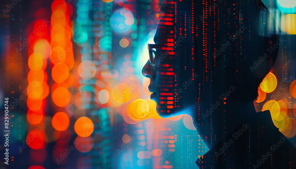 Profile silhouette with colorful lights and digital data overlay, symbolizing technology, innovation, and future concepts. Profile silhouette with colorful lights and digital data overlay, symbolizing technology, innovation, and future concepts.