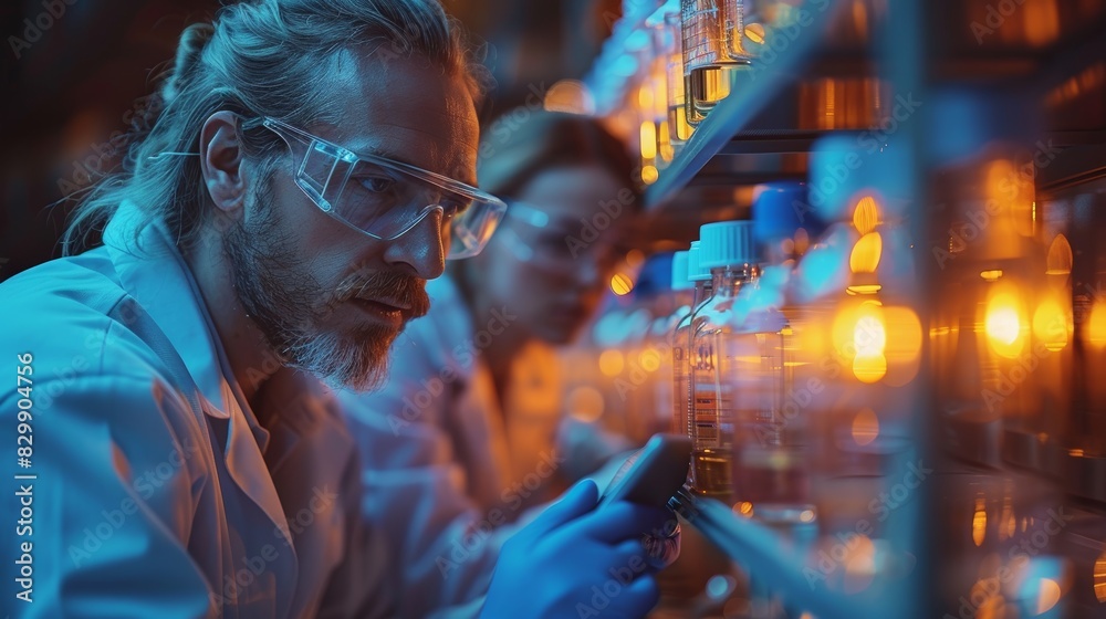Fototapeta premium Despite a blurred face, the image conveys a scientist engaged in research in a high-tech lab with glowing equipment and a serious ambiance