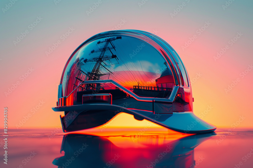 Reflective construction helmet with a sunset background, symbolizing ...