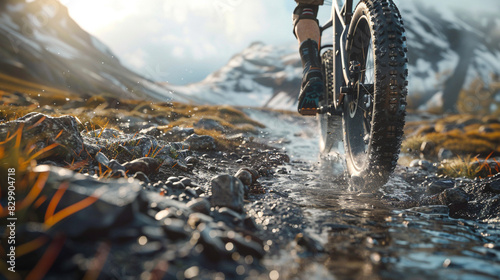 Mountain biker navigating rugged, muddy trail in the wilderness with stunning mountainous landscape in the background. photo