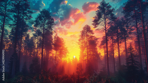 Stunning sunset illuminates a forest, casting vibrant hues across the sky and trees, creating a serene, picturesque natural landscape. photo